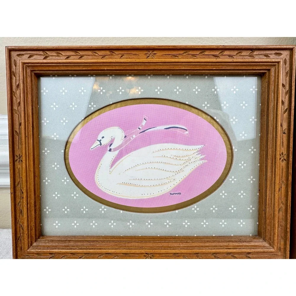 Vintage Swan Goose Framed Art Set 2 Nursery Decor Cottagecore